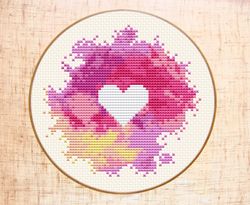 Pink watercolor heart cross stitch pattern, Modern cross stitch PDF, Love x-stitch