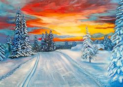 Winter landscape evening sunset Painting landscape with oil paints 16*23 inches winter in the village Art