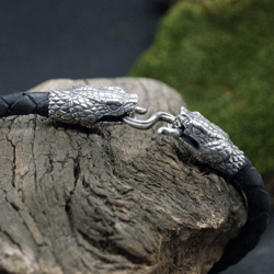 Leather bracelet with silver snake. Any sizes.