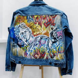 hand painted unisex jacket, fabric painted jean jacket, denim jacket, designer art graffiti, wearable art,custom clothes