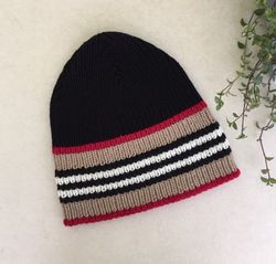 black mens hat, Striped Wool  Beanie for men, hat in the style of Burberry, hat for spring, warm hat, gift, sports hat