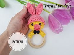 Baby rattle duck in bunny cap crochet pattern, Easter crochet teether, newborn toy amigurumi