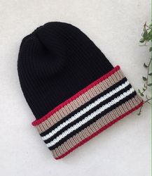black mens hat with lapel, Striped Wool  Beanie for men, hat in the style of Burberry, hat for spring, warm hat for gift