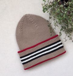 Beige women hat with lapel, Striped Wool  Beanie for women, hat in the style of Burberry, hat for spring, warm hat gift