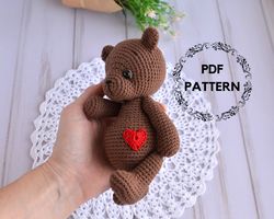 Bear crochet pattern, Bear with a heart, Teddy bear tutorial, Amigurumi toy pattern Handmade stuffed bear  gift for girl