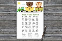 animal train baby shower word search game card,woodland baby shower games printable,fun baby shower activity--377