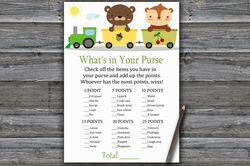 animal train what's in your purse game,woodland baby shower games printable,fun baby shower activity,instant download377