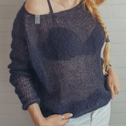 Woman knitted thin soft mohair jumper dark blue with.