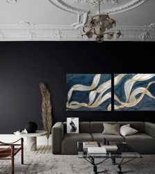 Black and Gold "Quantum strings" abstract art Wall painting. Design Art object is universal for all interior styles.