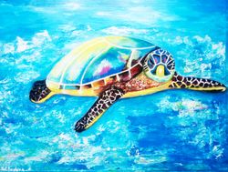 Sea Turtle Painting Hawaii Original Art Underwater Artwork Nautical Wall Art by Selena Sashina