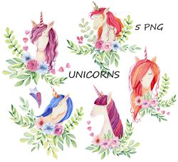 5 Watercolor Unicorns, png.
