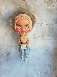 Set of clothes for Blythe dolls knitted helmet hat brown Lion plus knitted top with sleeves winter doll outfit