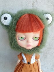Blythe hat crochet green Frog for custom blythe monster halloween outfit doll fashion clothes blythe