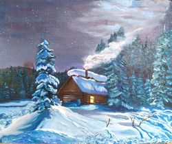 Winter Scenery Forest House Painting Wall Art 16*19 inch Countryside View Art