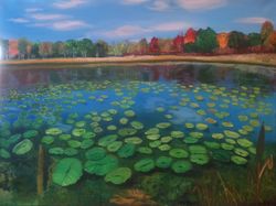 water lily lake painting lake in the forest oil painting landscape painting 23*31 inch autumn scenery art