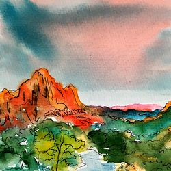 Zion National Park Original Watercolor painting Utah Mountains Landscape Original Art 12 by 8