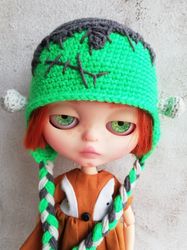 Blythe hat crochet green Frankenstein with light wet asphalt hair for custom blythe halloween clothes blythe outfit
