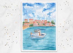 Sailboat painting Greek painting Sea painting Seascape Wall decor Original watercolor painting postcard 5x7