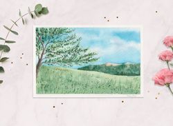 Summer tree Landscape Green field Original watercolor painting Painted postcard 4x6"