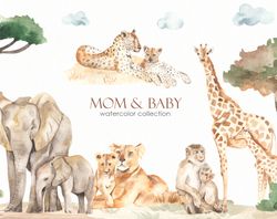 Mom and baby animals of Africa, mother's day. Giraffes, elephants, lions, monkeys. PNG. Digital
