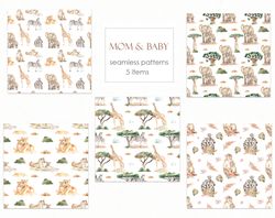 Mom and baby animals of Africa, mother's day.  Watercolor seamless patterns. Giraffes, elephants. Digital paper