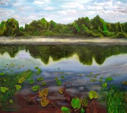 lake in the forest oil painting landscape 27*31 inches lake with water lilies painting