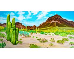 Arizona desert original oil painting on canvas panoramic large landscape Sonoran desert artwork saguaro cactus wall art