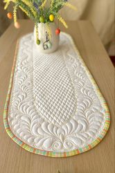 Easter Quilted Table Runner, White Centerpiece, Oval Table Topper, Easter Sideboard Decor, Festiv coffee table decor
