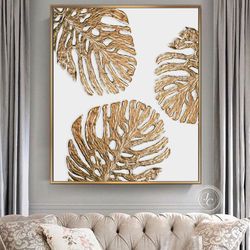 Gold Monstera leaves Painting White and Gold Abstract Wall Art | Botanical Original Art Modern artwork