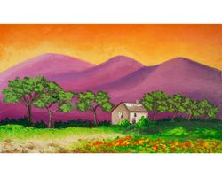Abstract landscape original oil painting on canvas large vibrant artwork impasto mountains wall art colorful sunset art