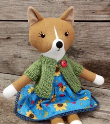 Red dog girl, stuffed wool doll, handmade plush puppy toy