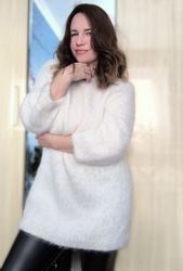 Fluffy white angora sweater dress woman
