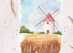 Windmill painting Autumn landscape Wheat field painting Harvest Original watercolor painting Painted postcard 5x7"