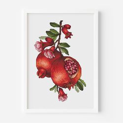 Pomegranate Cross Stitch Pattern, Artificial Pomegranate Branch with Foliage, Red Fruit Embroidery, Digital File PDF Ins