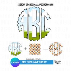 Editable Sketchy Stitches Scalloped Monogram Letters Canva Photo Frames Template