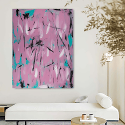 Abstract pink original acrylic painting on canvas modern large artwork turquoise black contemporary wall art