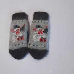 Gray wool mittens, Women's winter fluffy mittens, Knitted mittens with  ornament