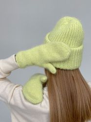 Fluffy ribbed hat. Winter knitted wool hat. Beanie handmade.