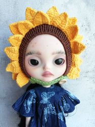 Blythe hat crochet helmet green sunflower for custom blythe halloween outfit blythe doll clothes cute hat