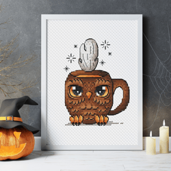Owl Mug Cross Stitch, Halloween Cross Stitch, Fantasy Cross Stitch Printable PDF File, Owl Needlepoint Pattern, Instant