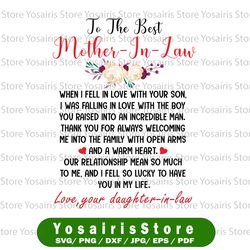 To the Best Mother in law, I fell in love with your son, Mothers day, Mom gift, Mom png, Mother png, Digital download,