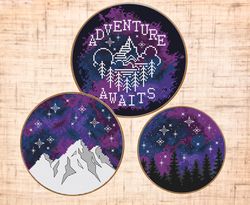 Set Adventure cross stitch pattern Mountains cross stitch Galaxy embroidery Forest cross stitch PDF