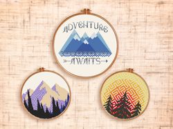 Set Mountain cross stitch pattern Adventure cross stitch Geometric mountain Modern embroidery Mountain nursery Woodland