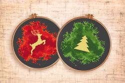 Set of 2 Christmas ornament cross stitch pattern Modern Christmas tree xstitch Deer cross stitch PDF