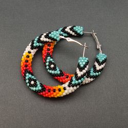 Native american style, Turquoise hoop earrings 1.6", Seed bead earrings, Beaded hoop earrings, Native beadwork earrings