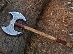 Double Headed Viking Axe, Custom Hand Forged Carbon Steel Axe, Ash Wood, Rose Wood Shaft, Handmade Viking Axe, Best Gift