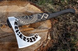 Viking Battle Axe Forged Hatchet Bearded Axe with Leather Cover Engraved Viking War Axe Helm of Awe Functionl Axes