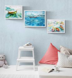 Boats Colorful Set 3 Wall Art  Set of 3 Wall Art - digital file that you will download