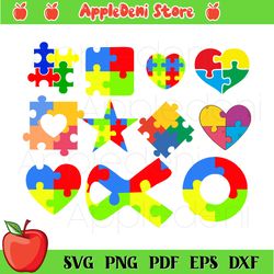 Autism Puzzle Bundle Svg, Autism Svg, Heart Puzzle Svg, Circle Puzzle Svg, Autism Ribbon Svg, Ribbon Svg, Colored Puzzle