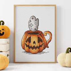 Halloween Coffee Mug Cross Stitch Pattern DMC, Pumpkin Cross Stitch, Halloween Cross Stitch, Embroidery Printable PDF Fi
